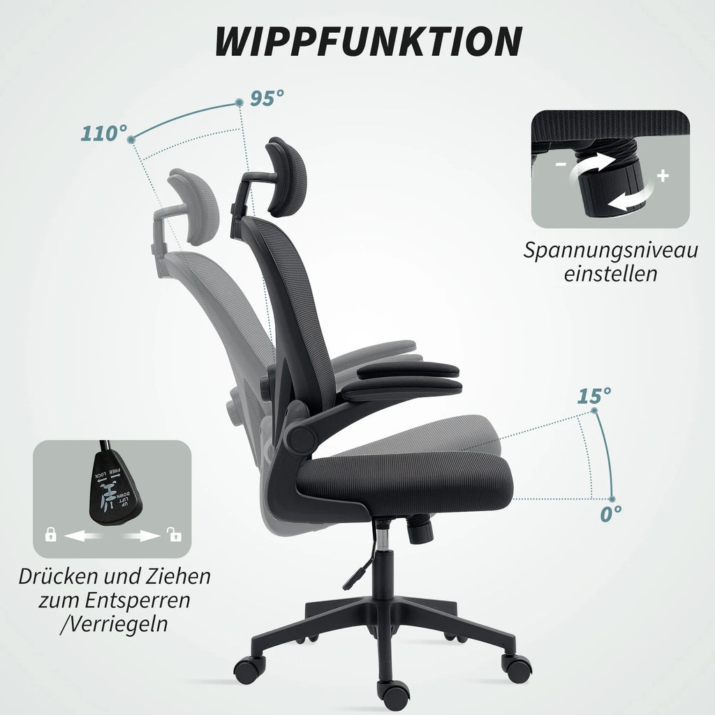 Biuro kėdė Ergonomiška biuro kėdė su atlenkiamais porankiais, reguliuojama juosmens atrama Juoda