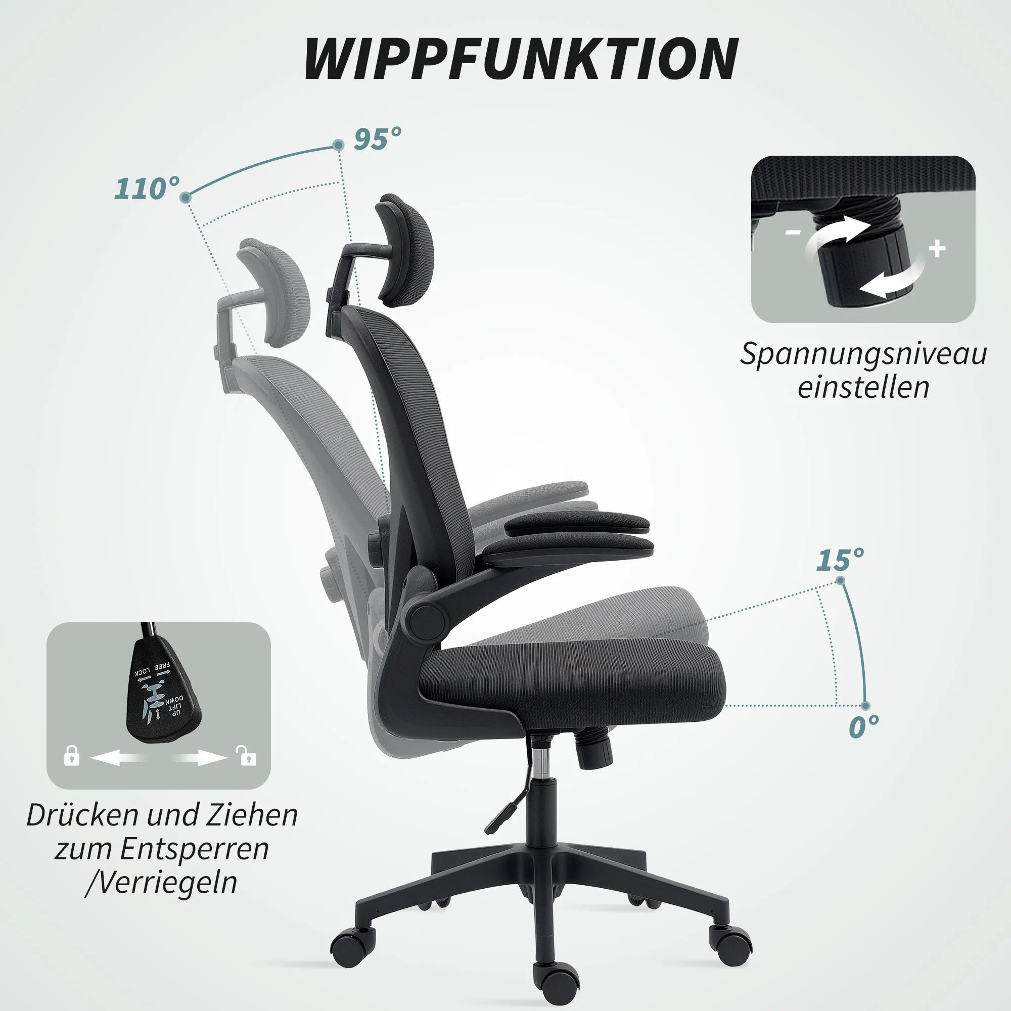 Biuro kėdė Ergonomiška biuro kėdė su atlenkiamais porankiais, reguliuojama juosmens atrama Juoda