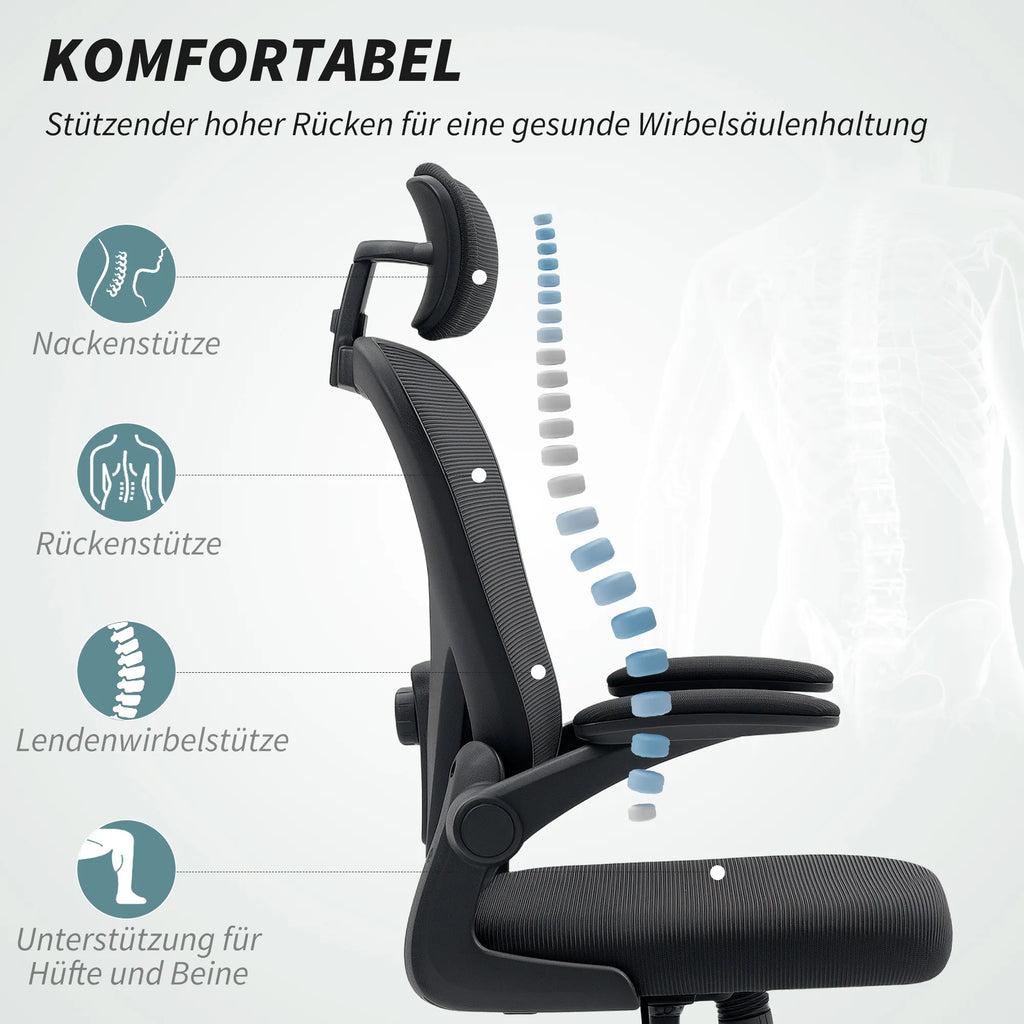 Biuro kėdė Ergonomiška biuro kėdė su atlenkiamais porankiais, reguliuojama juosmens atrama Juoda