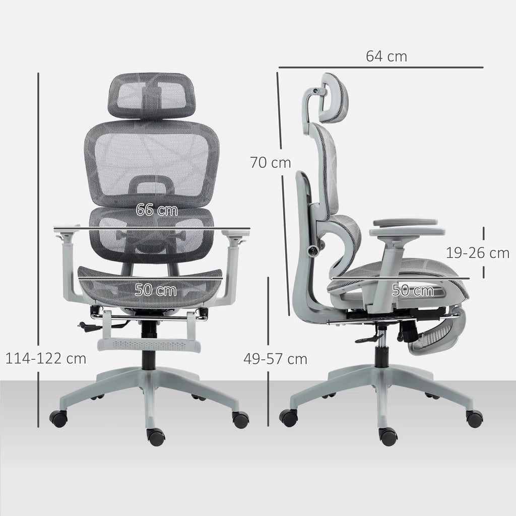 Biuro kėdė, ergonomiška darbo kėdė su tinklinės medžiagos apmušalu, reguliuojama, su ratukais, su porankiais, galvos atrama, pilkos spalvos