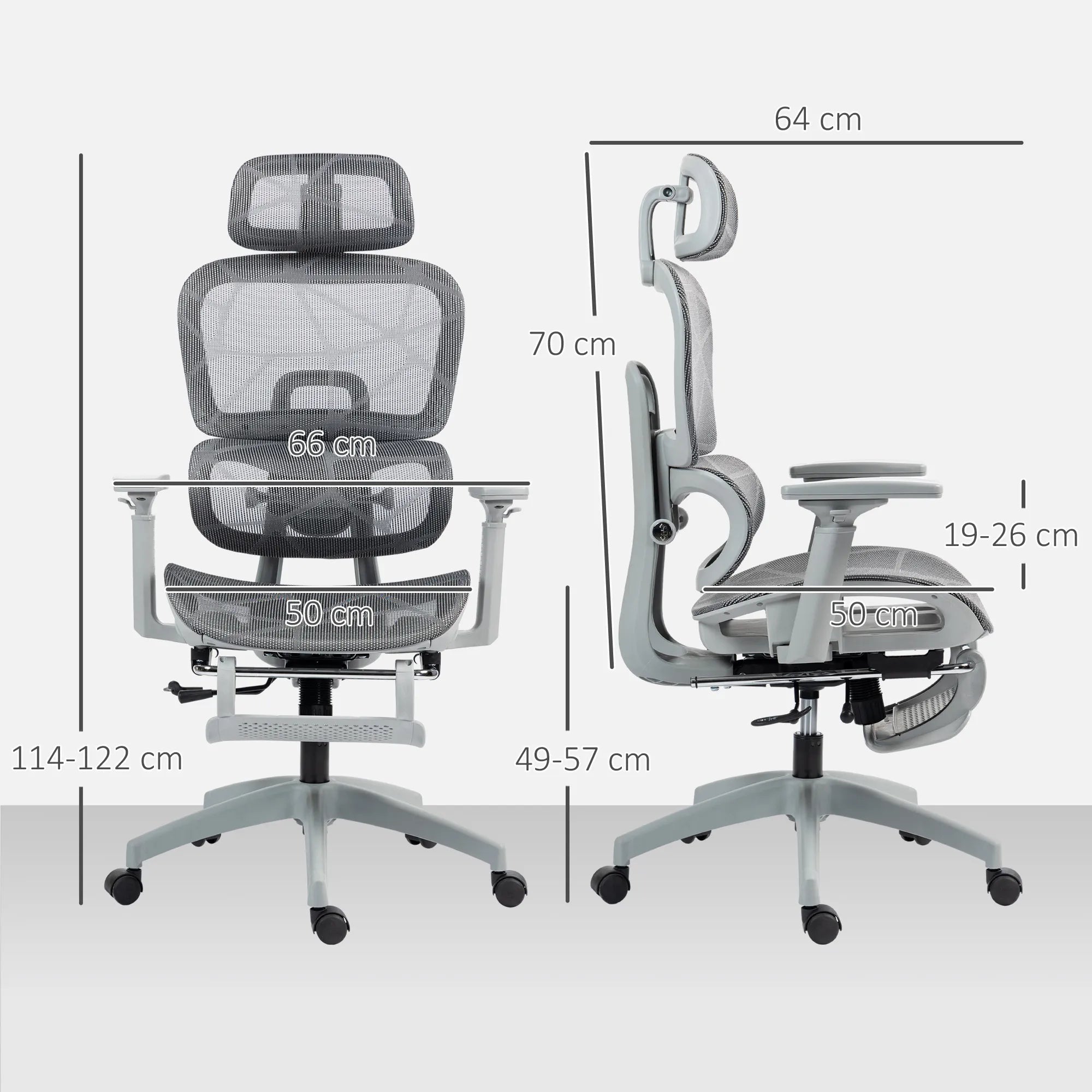 Biuro kėdė, ergonomiška darbo kėdė su tinklinės medžiagos apmušalu, reguliuojama, su ratukais, su porankiais, galvos atrama, pilkos spalvos