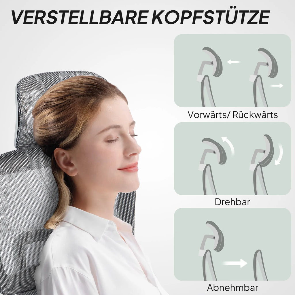 Biuro kėdė, ergonomiška darbo kėdė su tinklinės medžiagos apmušalu, reguliuojama, su ratukais, su porankiais, galvos atrama, pilkos spalvos