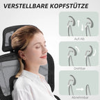 Biuro kėdė, ergonomiška darbo kėdė su tinkliniu audiniu, reguliuojama, su ratukais, su porankiais, galvos atrama, juoda