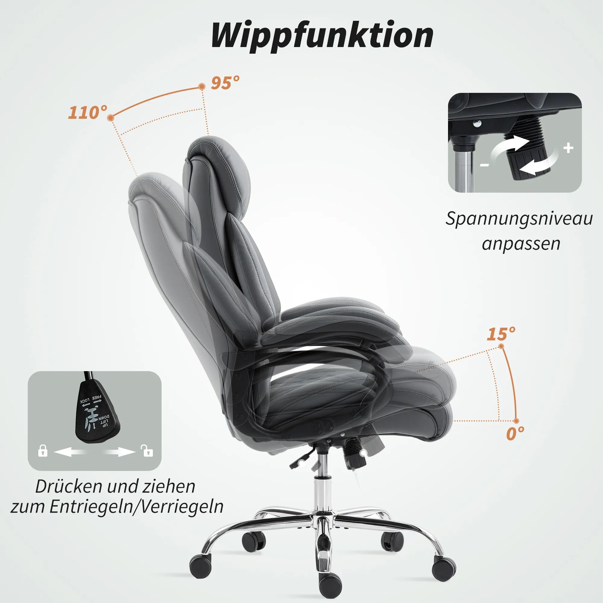 Pakreipimo funkcijos schema su reguliuojamu atlošo kampu ir įtempimo rankenėle