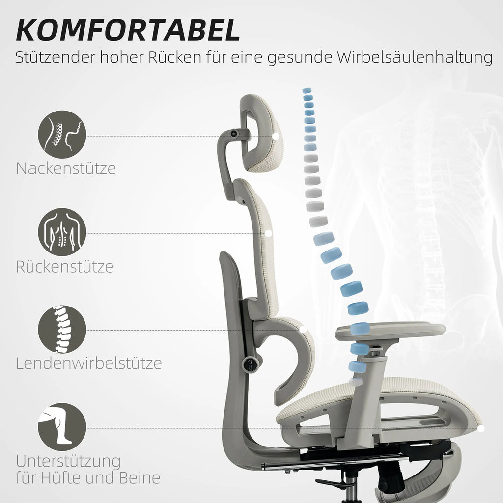 Biuro kėdė ergonomiška reguliuojama su kojų atrama, 120 kg, smėlio spalvos