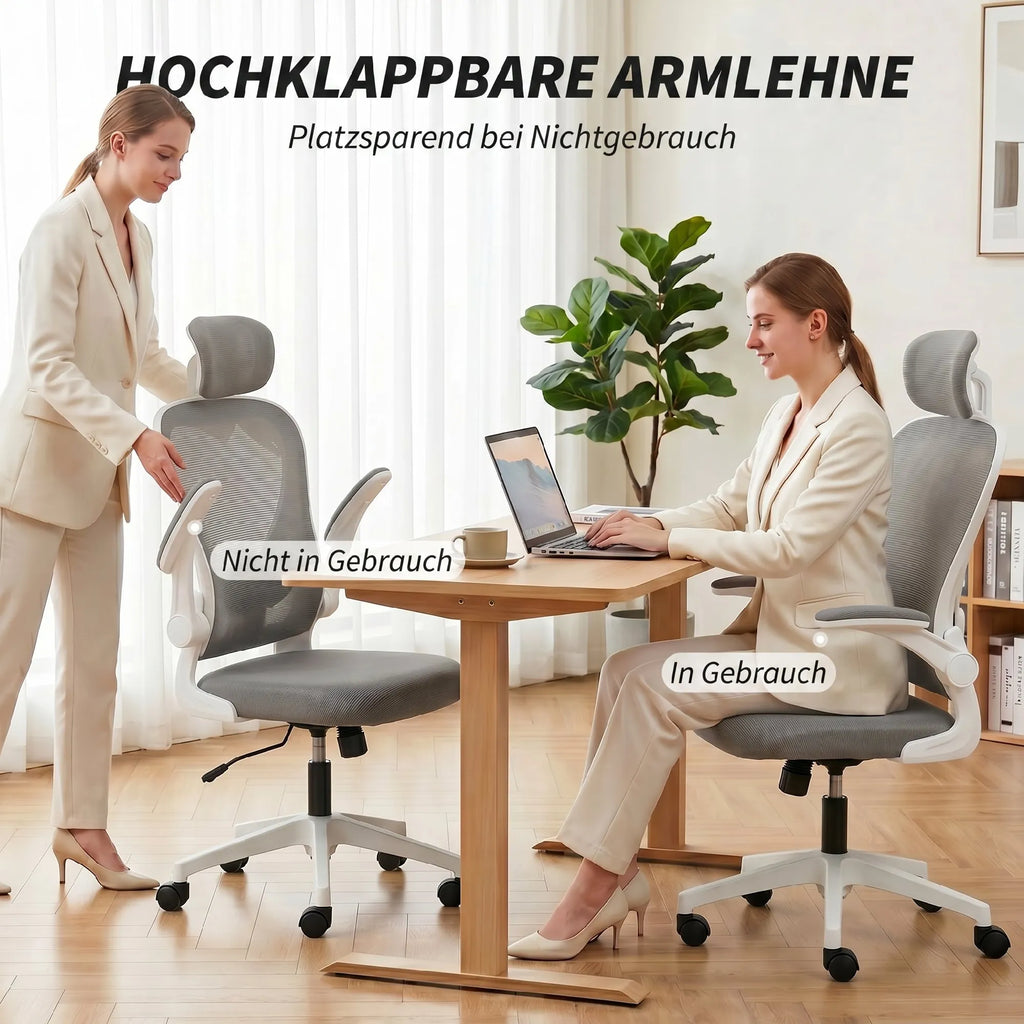 Biuro kėdė ergonomiška su atlenkiamais porankiais, iki 120 kg, pilka