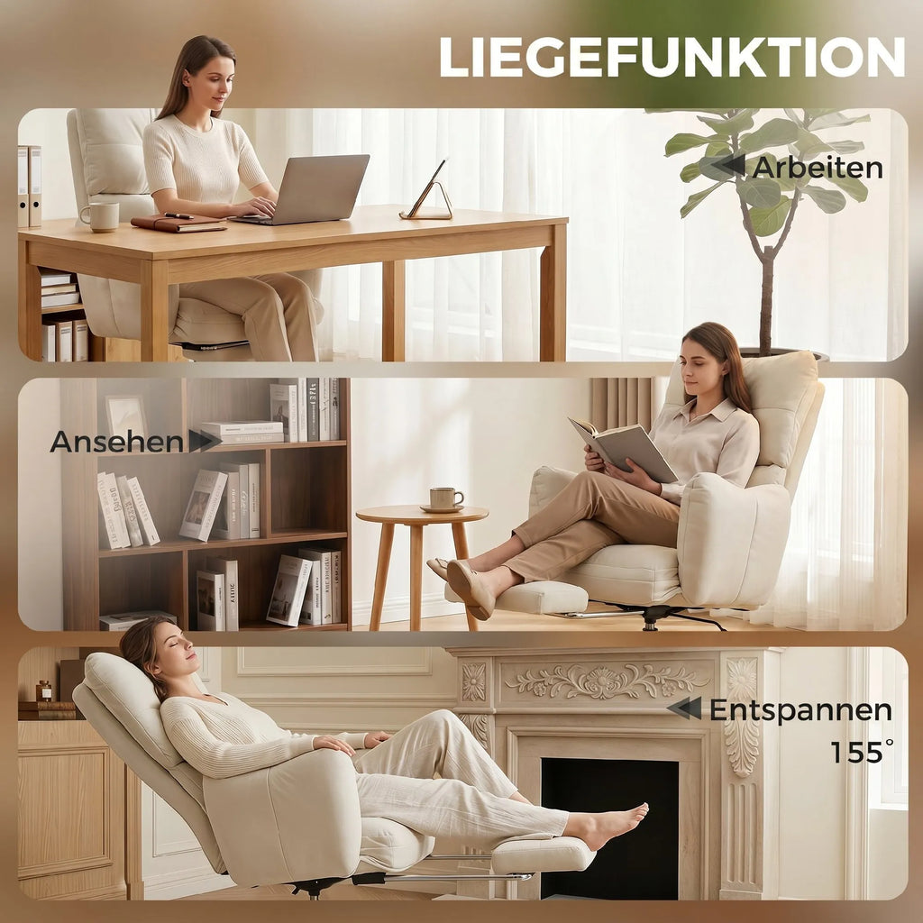Biuro kėdė ergonomiška su atrama kojoms ir funkcijomis, kreminė