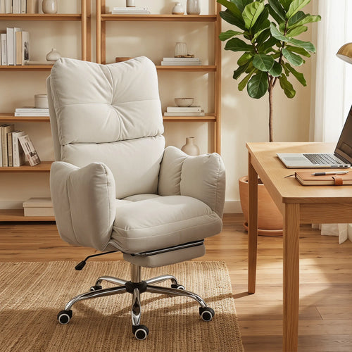 Biuro kėdė ergonomiška su atrama kojoms ir funkcijomis, kreminė
