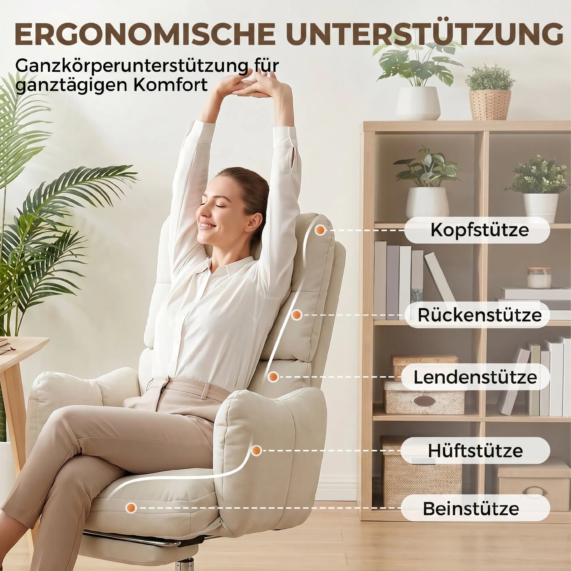 Biuro kėdė ergonomiška su atrama kojoms ir funkcijomis, kreminė