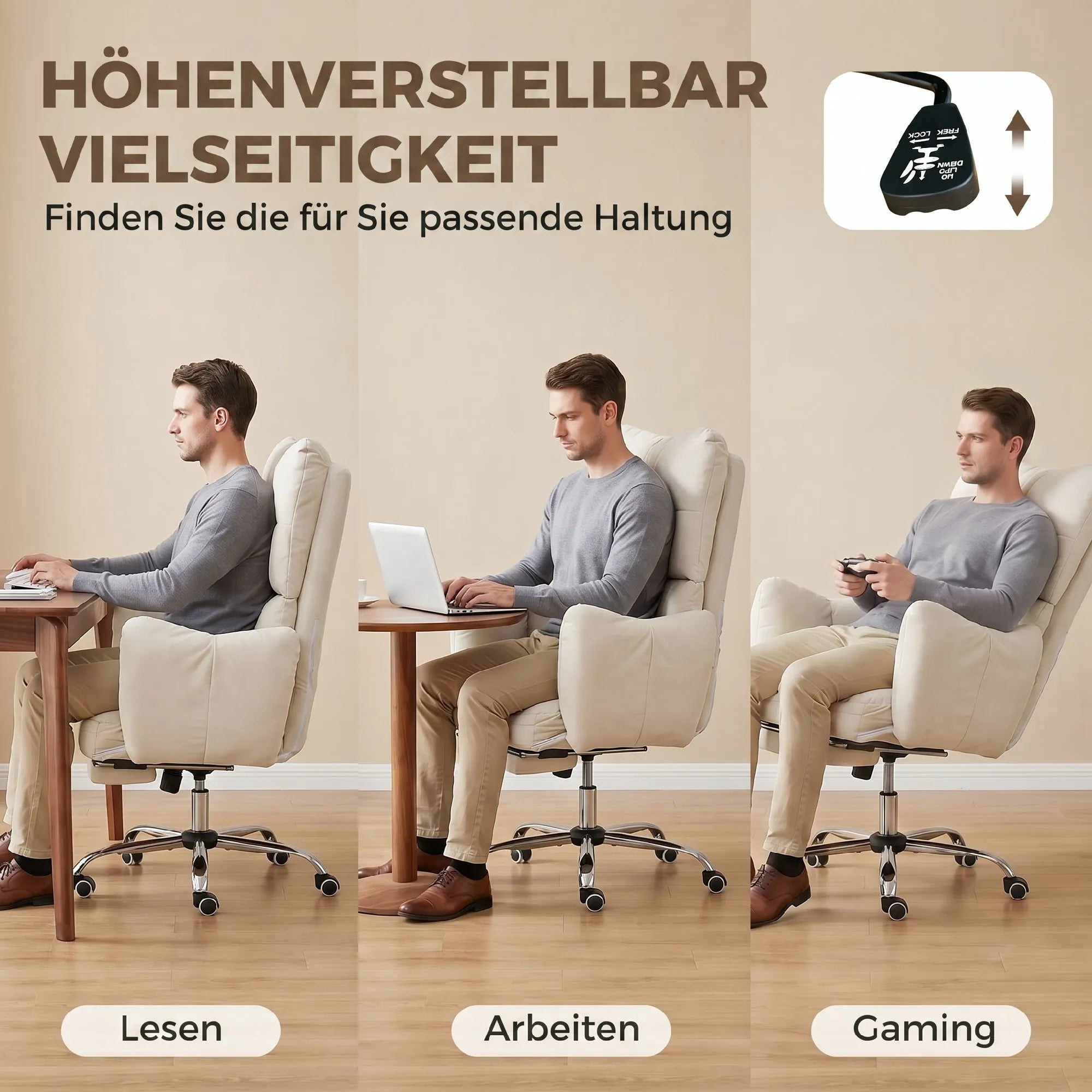 Biuro kėdė ergonomiška su atrama kojoms ir funkcijomis, kreminė