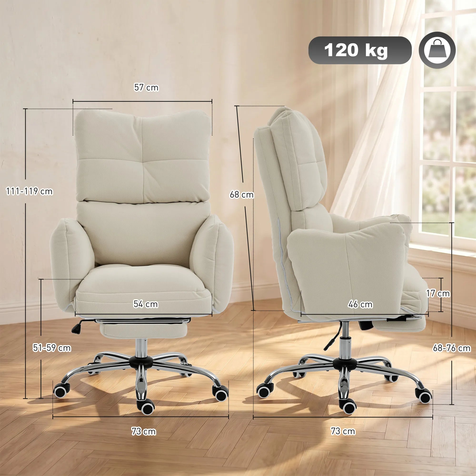 Biuro kėdė ergonomiška su atrama kojoms ir funkcijomis, kreminė