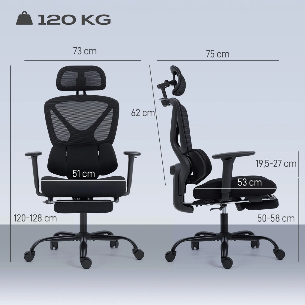 Biuro kėdė ergonomiška su kojų atrama ir juosmens atrama, iki 120 kg, juoda