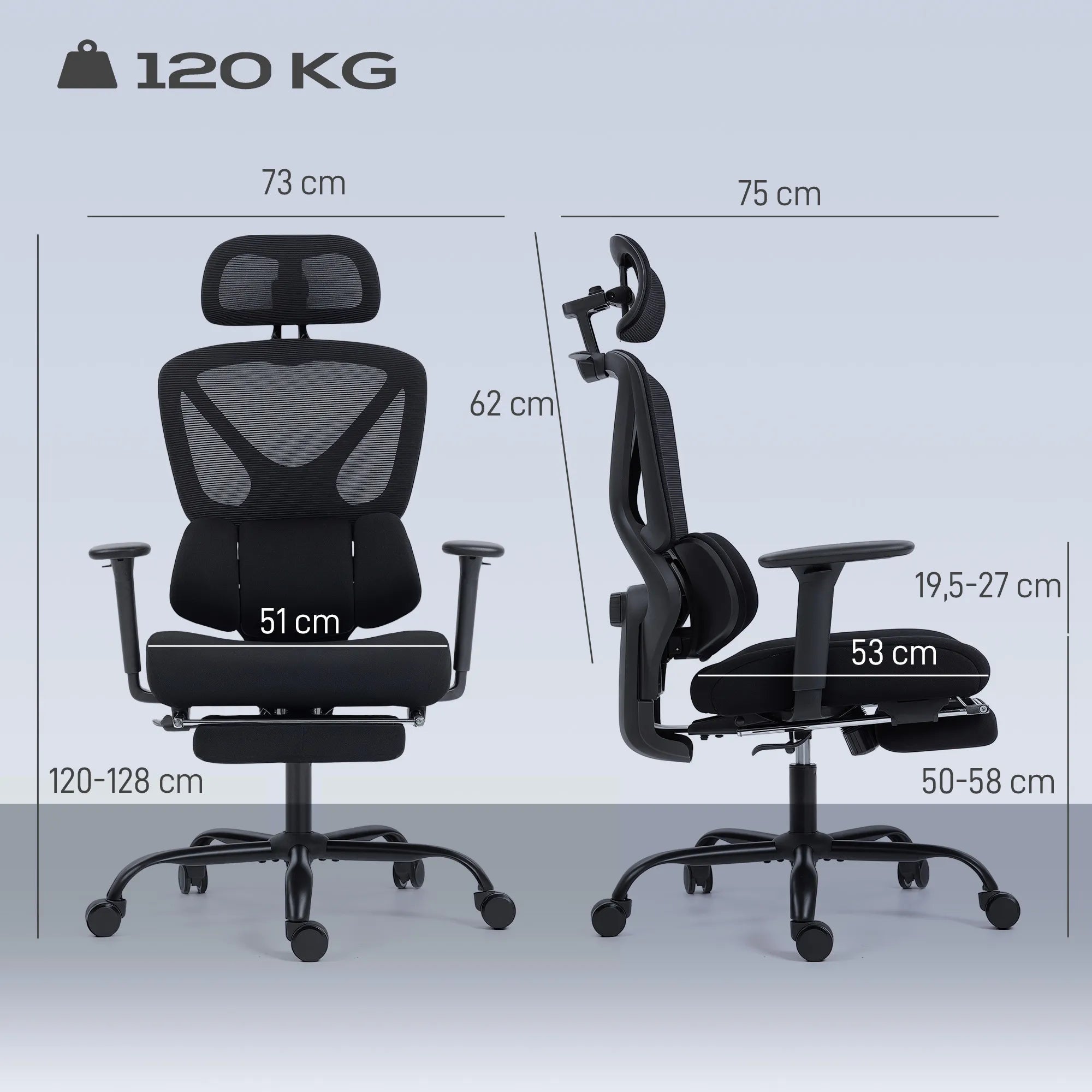 Biuro kėdė ergonomiška su kojų atrama ir juosmens atrama, iki 120 kg, juoda