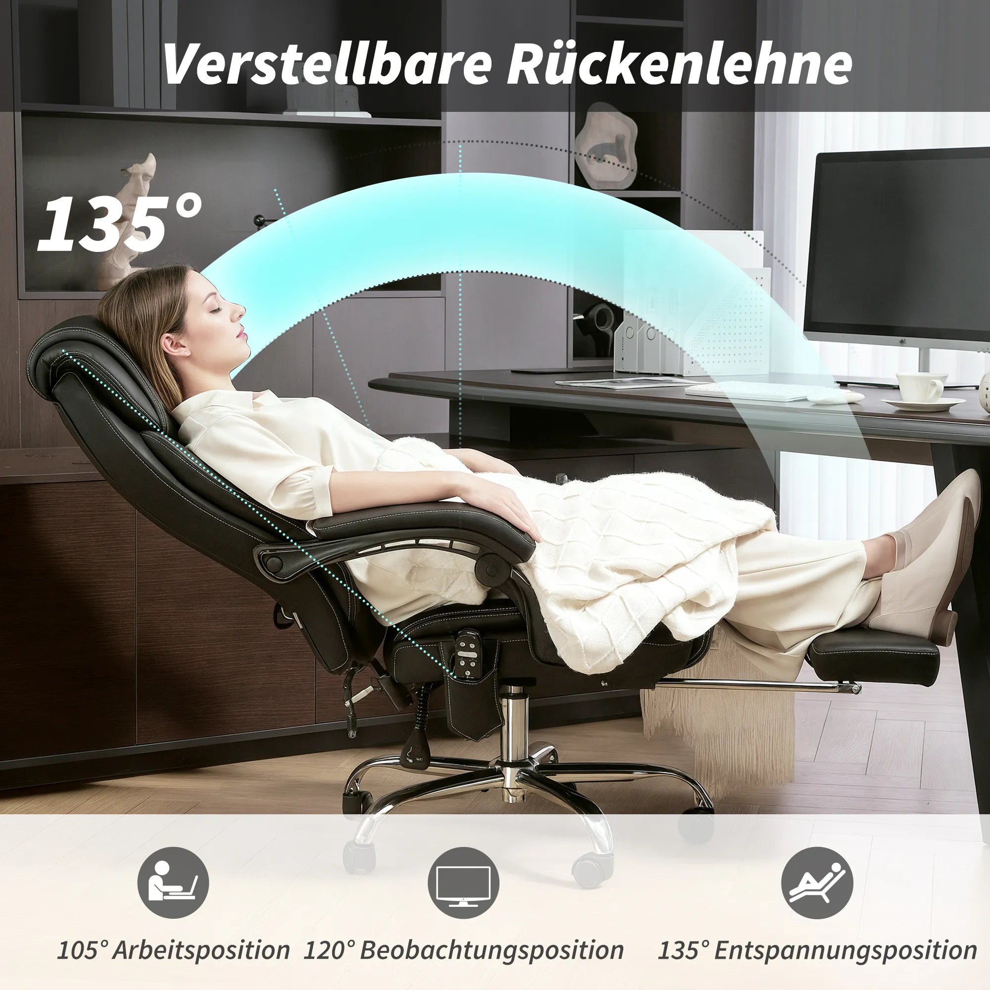 Biuro kėdė ergonomiška su masažo funkcija ir atrama kojoms, juoda