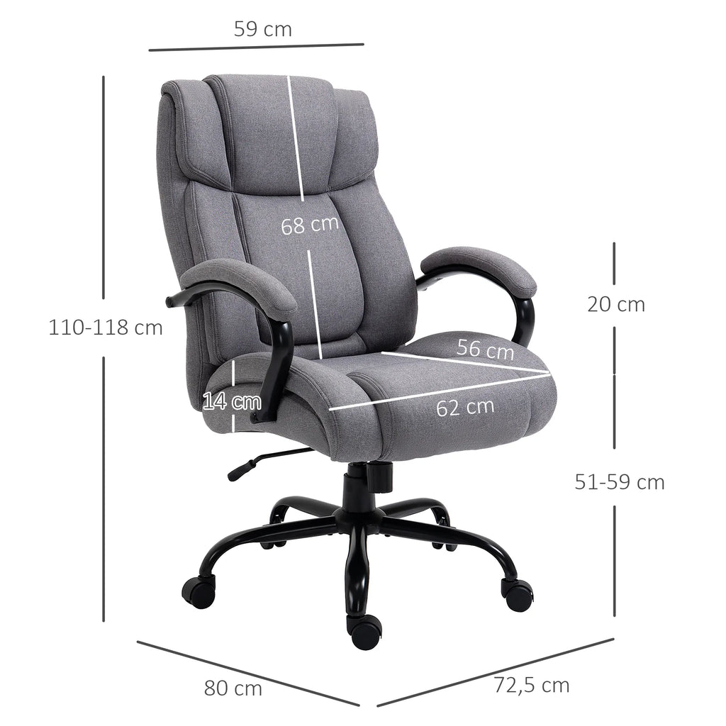 Biuro kėdė, ergonomiška vadovo kėdė, atlaikanti iki 220 kg svorį, paminkštinta darbo kėdė su porankiais, plačia sėdimoji dalis, aukščio reguliuojama sukiojama kėdė su svyravimo funkcija, lino imitacija, šviesiai pilka