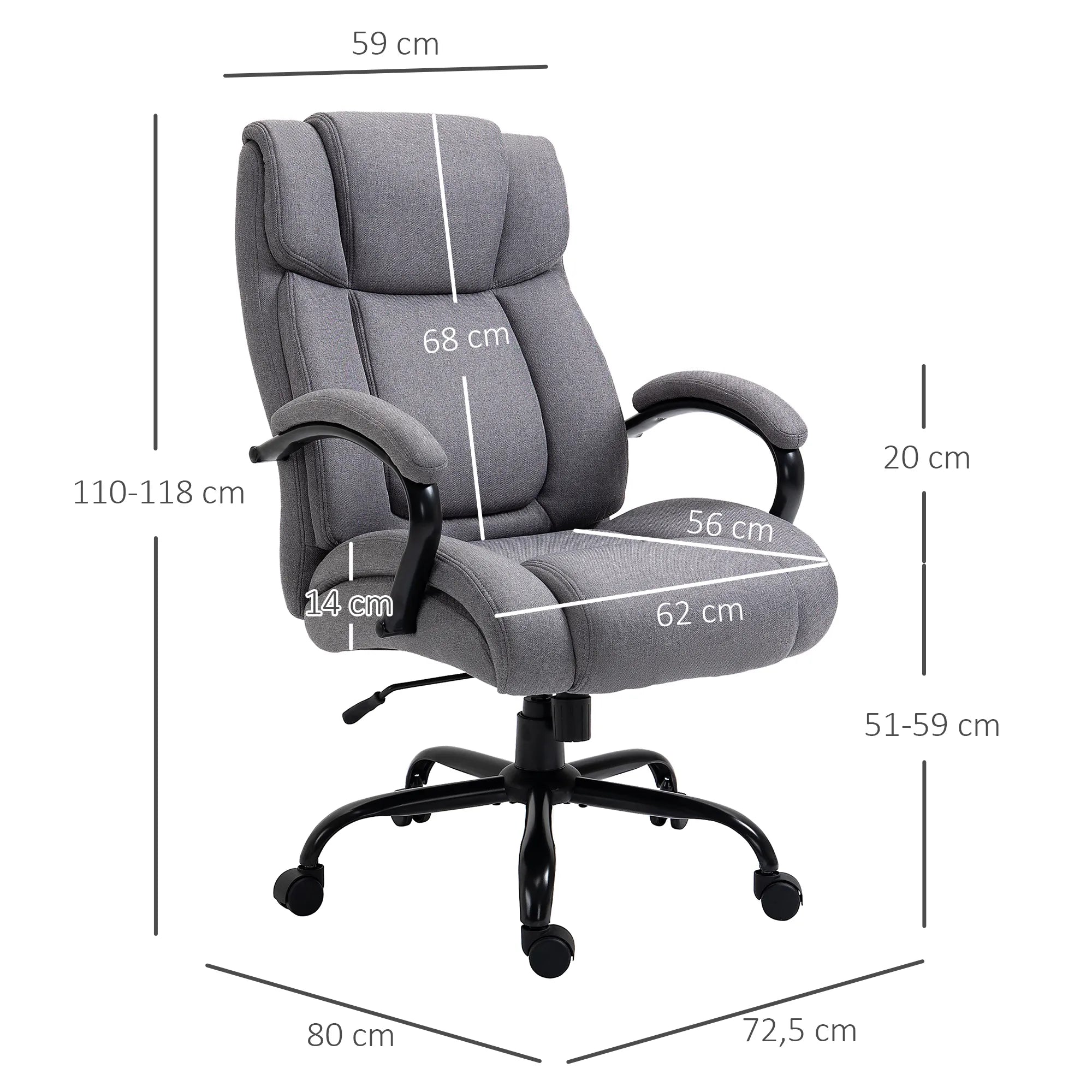 Biuro kėdė, ergonomiška vadovo kėdė, atlaikanti iki 220 kg svorį, paminkštinta darbo kėdė su porankiais, plačia sėdimoji dalis, aukščio reguliuojama sukiojama kėdė su svyravimo funkcija, lino imitacija, šviesiai pilka