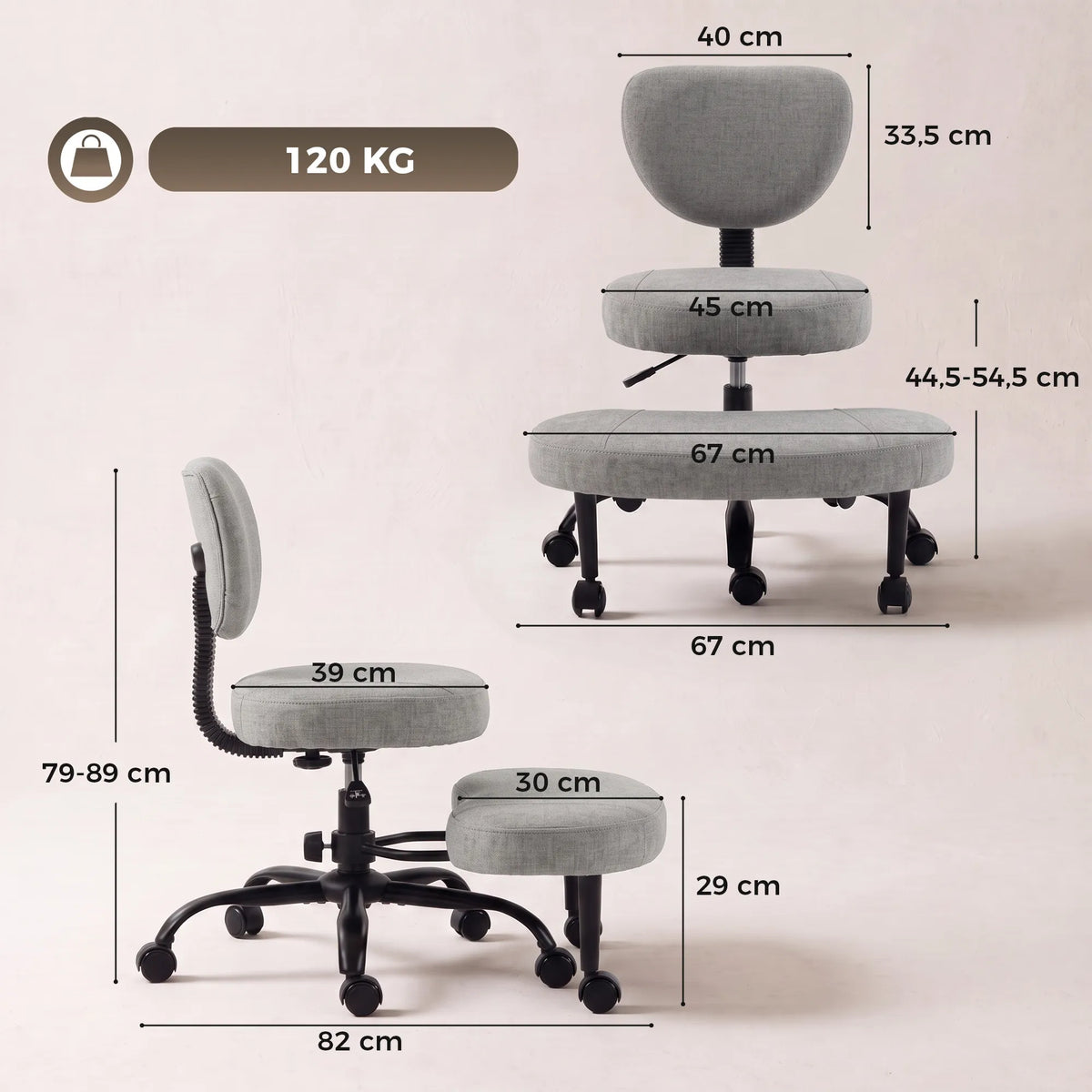 Biuro kėdės matmenų schema centimetrais ir keliamoji galia