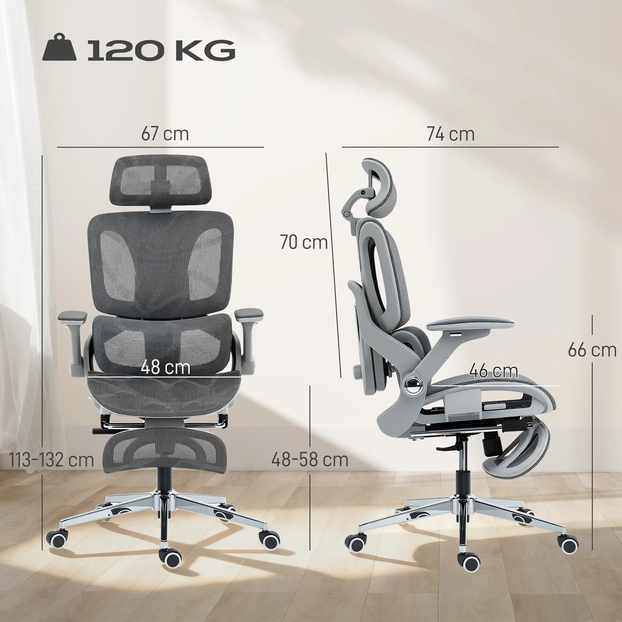 Biuro kėdė su atrama kojoms ir 4D porankiais, iki 120 kg, pilka