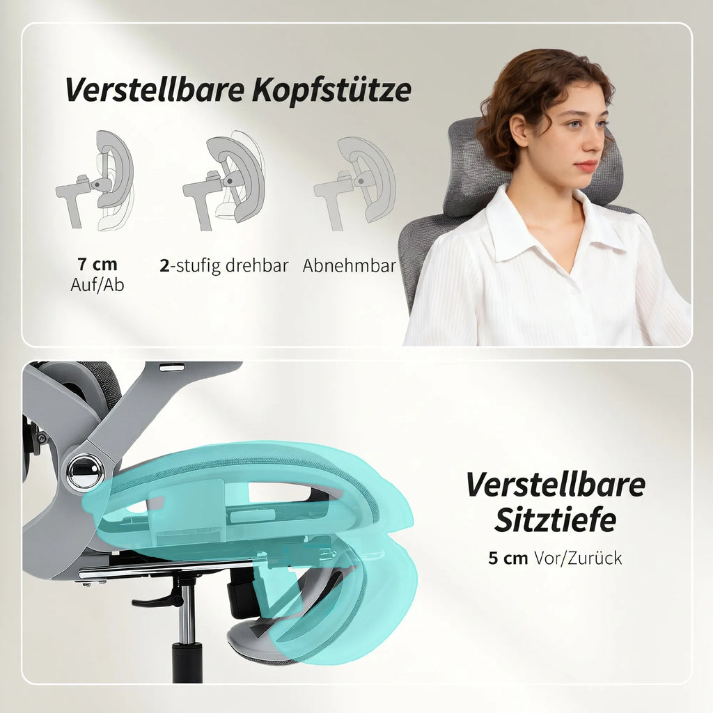 Biuro kėdė su atrama kojoms ir 4D porankiais, iki 120 kg, pilka