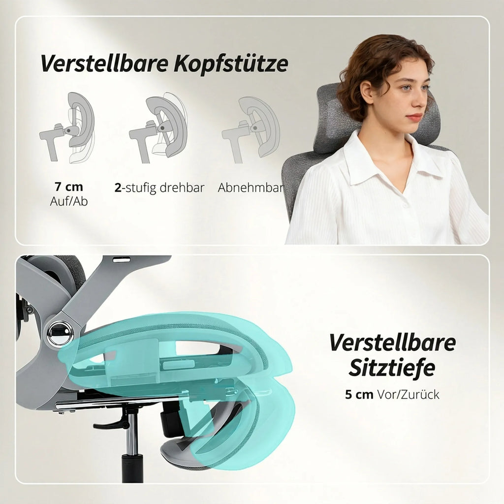 Biuro kėdė su atrama kojoms ir 4D porankiais, iki 120 kg, pilka