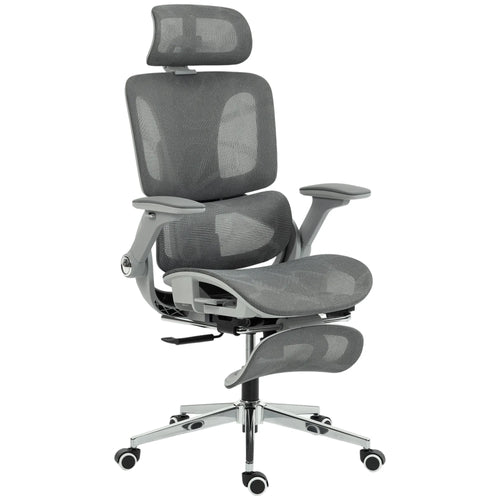 Pilka ergonomiška biuro kėdė su galvos atrama ir ištraukiamu pakoju