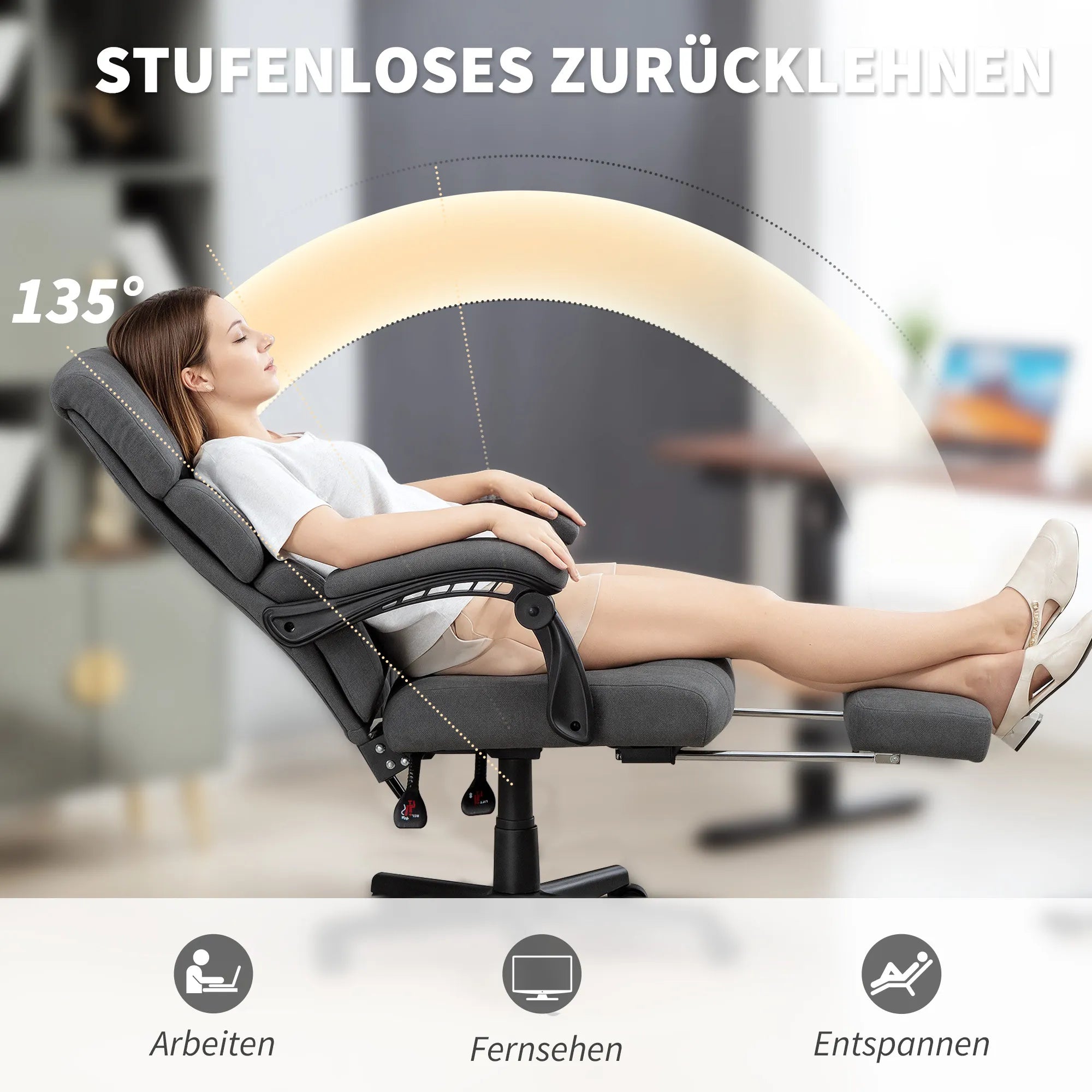 Biuro kėdė su kojų atrama ir reguliuojamu atlošu iki 120 kg, tamsiai pilka