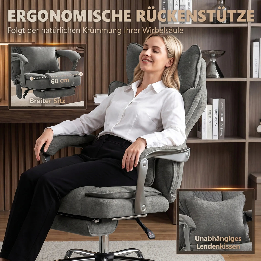 Moteris atsilošusi ilsisi ergonomiškoje biuro kėdėje su pagalve