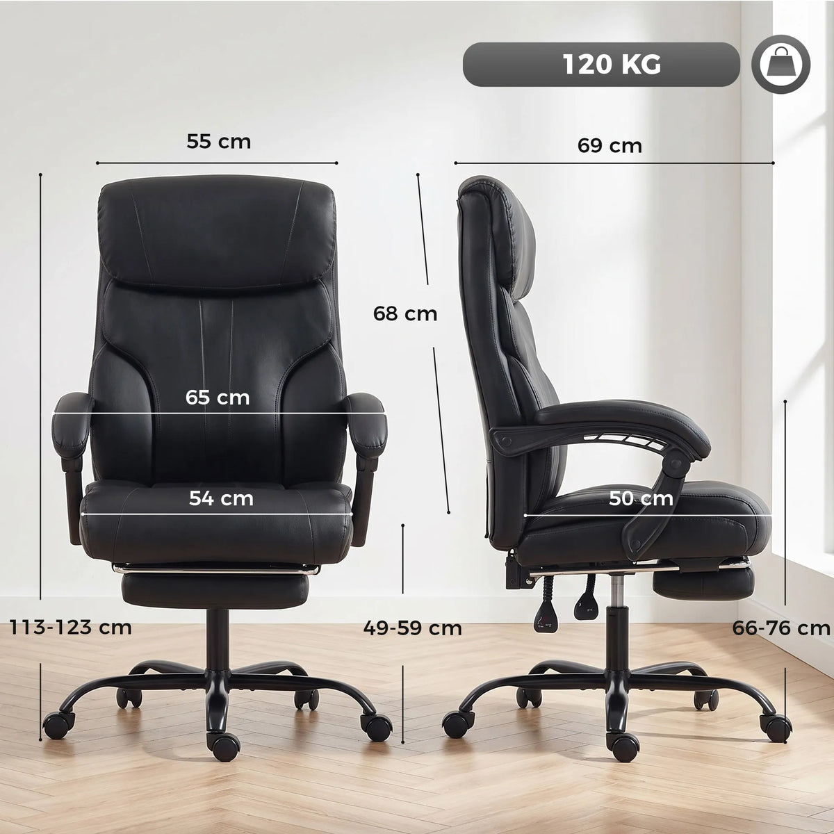 Biuro kėdės matmenų schema centimetrais priekiu ir šonu