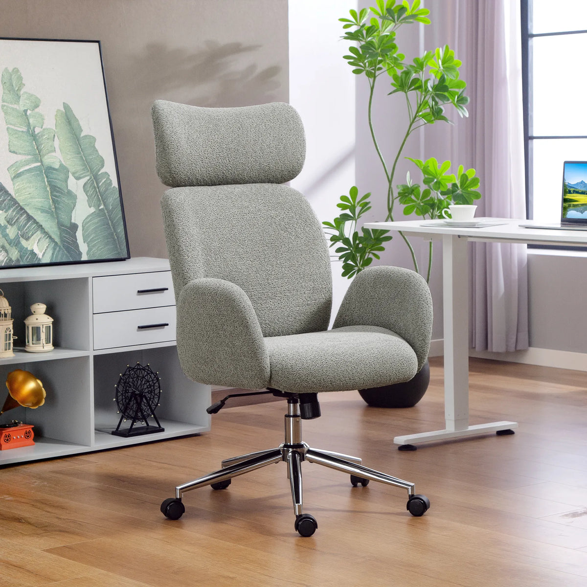 Biuro kėdė su reguliuojama galvos atrama, ergonomiška, tamsiai pilka