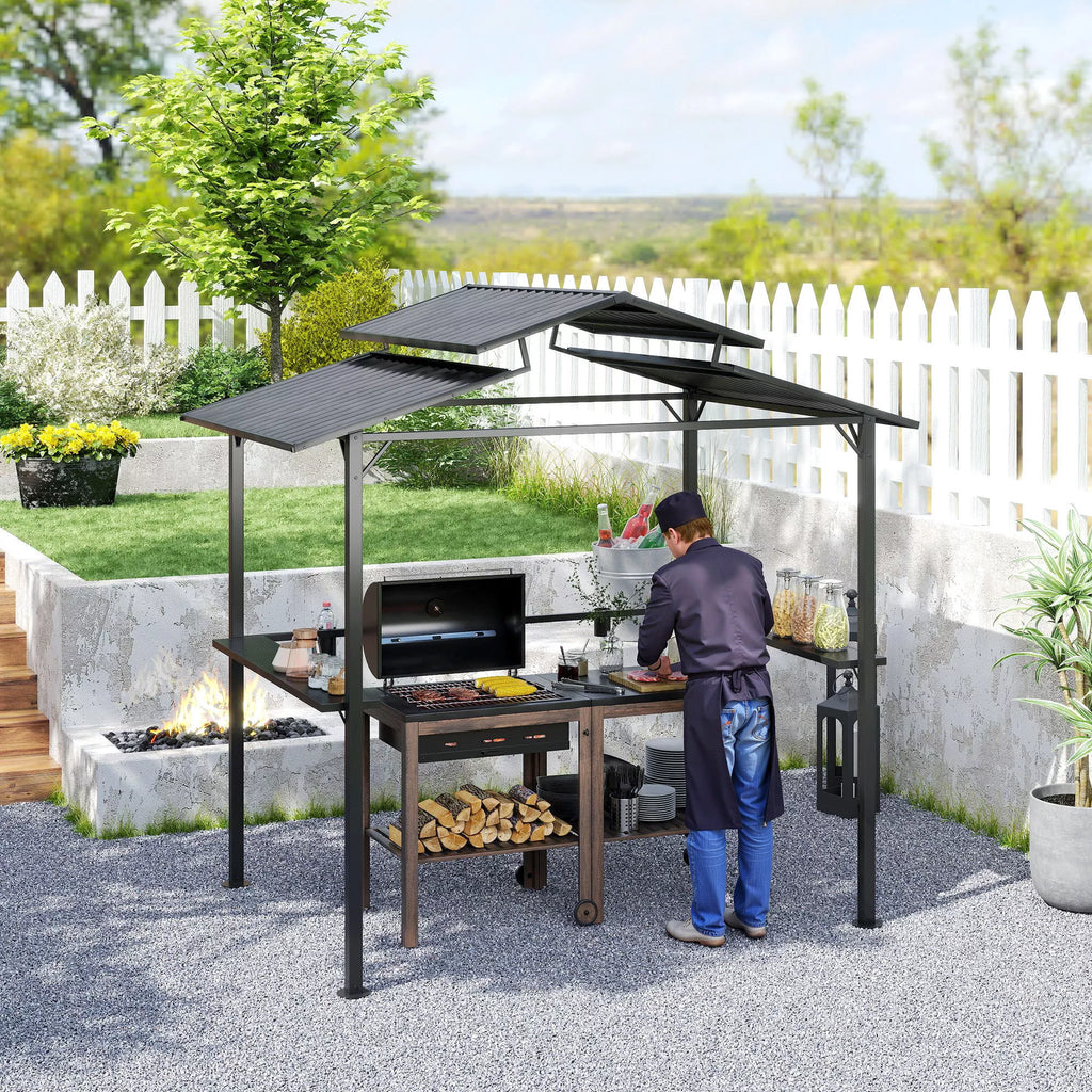 Grillpavillon 250 x 160 x 250 cm vandeniui atsparus sodo paviljonas su dvigubu stogu, šoninėmis lentynomis Juodas