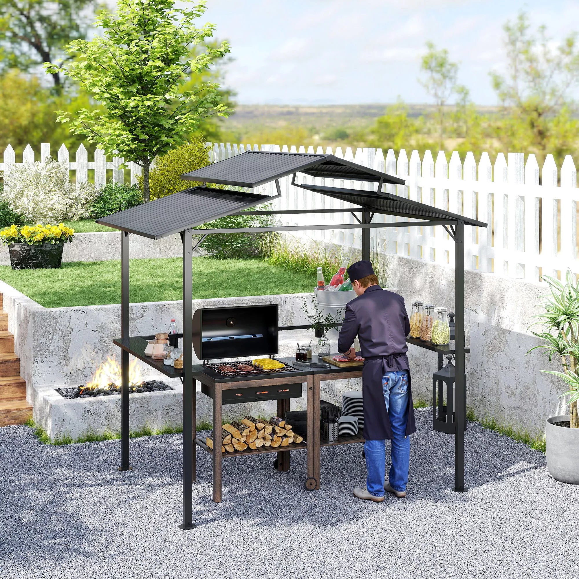 Grillpavillon 250 x 160 x 250 cm vandeniui atsparus sodo paviljonas su dvigubu stogu, šoninėmis lentynomis Juodas