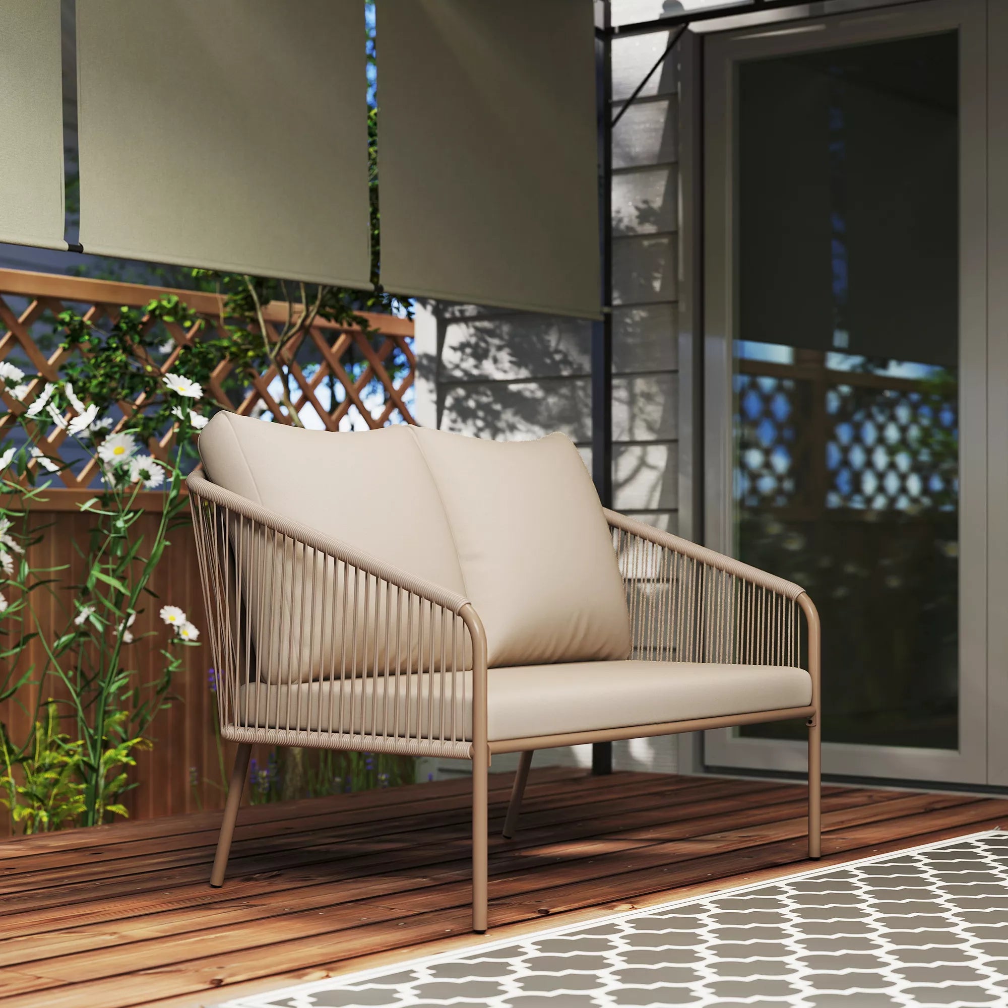 2-vietė rotango sofa su pagalvėlėmis, poilsio sofa, atspari oro sąlygoms, smėlio spalvos