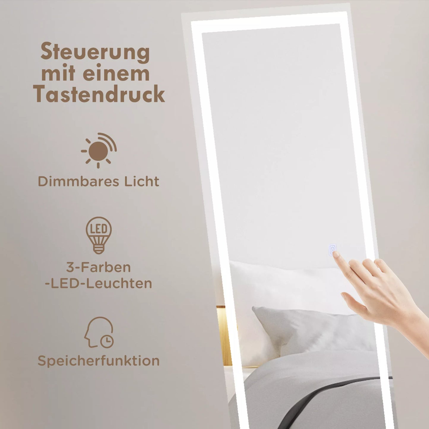 Pastatomas veidrodis, sieninis veidrodis, pilno kūno veidrodis, su LED apšvietimu, 40 cm x 150 cm, Baltas + Sidabrinis