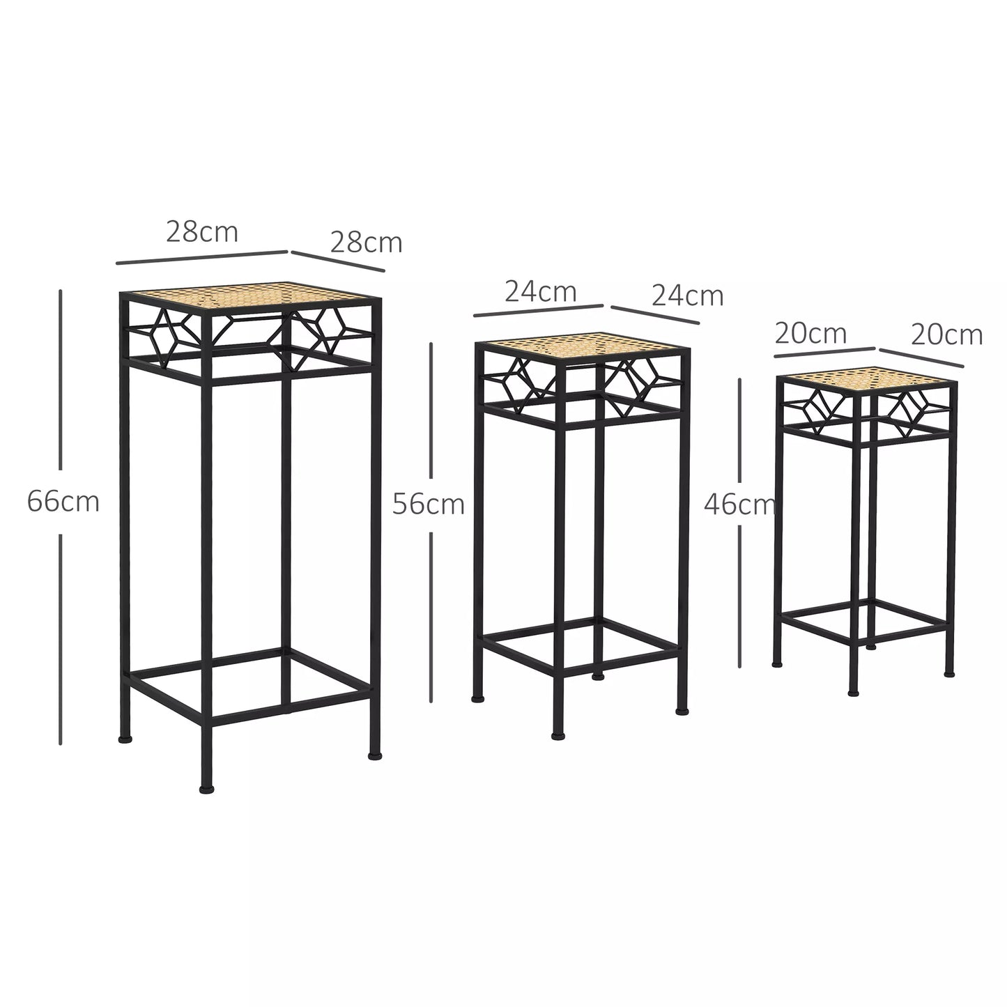 Gėlių stovas, 3 vnt. rinkinys, apvalus, sukraunamas, rotango išvaizdos, metalinės kojelės, vidui ir lauke, juoda/auksinė