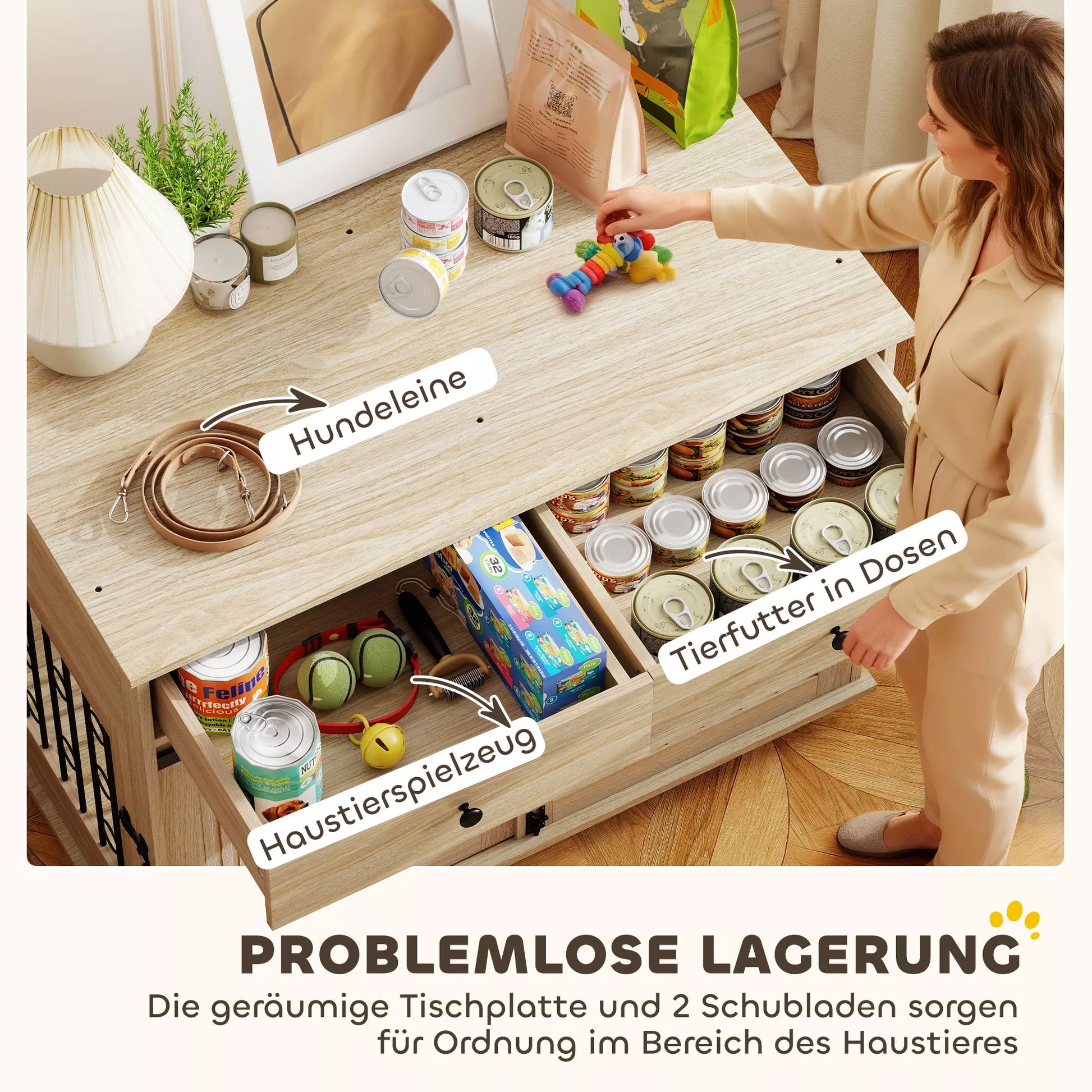 Šunų dėžė su ratukais, 2 durys, 2 stalčiai, vidutinio dydžio ir dideliems šunims, mediena, plienas