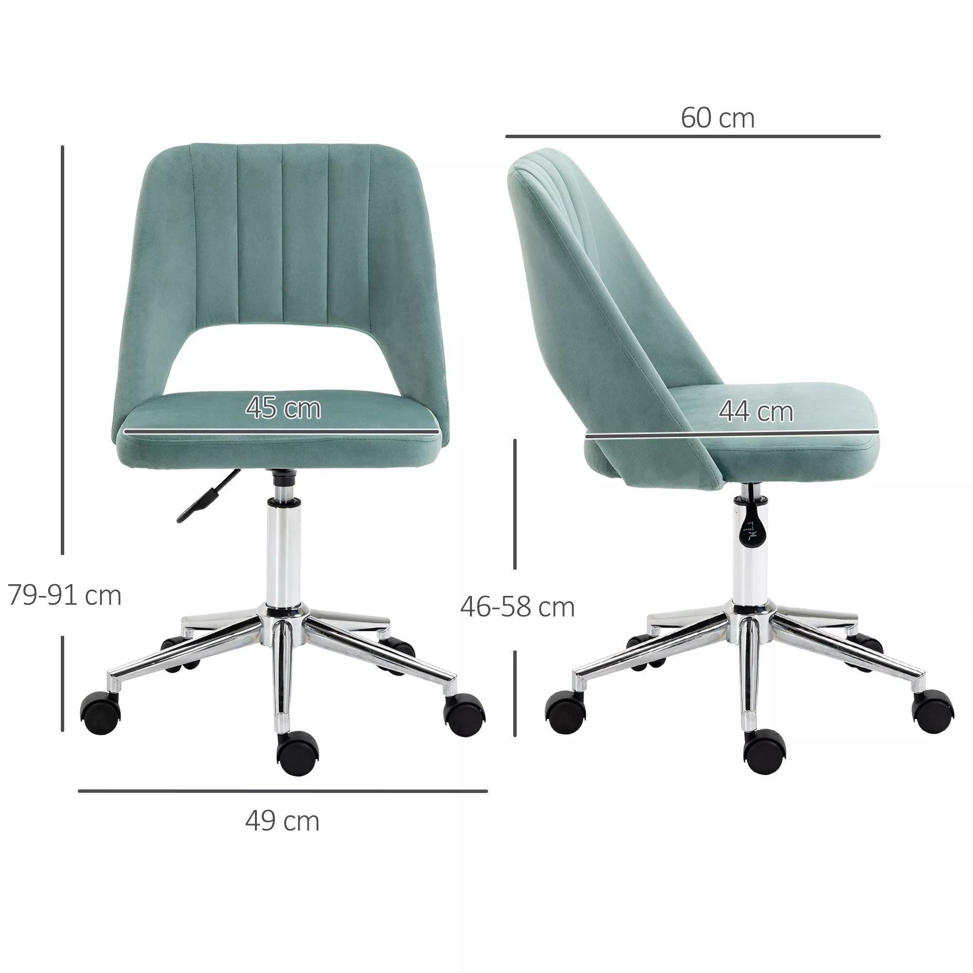 Aukščio reguliuojama rašomojo stalo kėdė su ratukais, pasukama 360°, kriauklės formos, putplastis, 49 x 60 x 79–91 cm, žalia