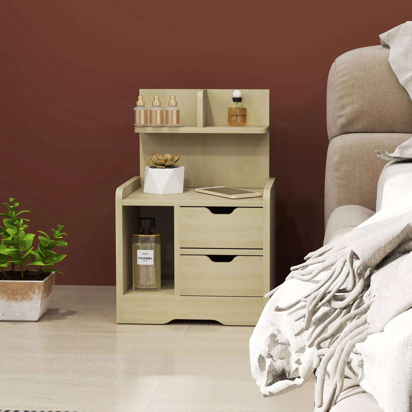 Naktinis staliukas su 2 stalčiais, atvira lentyna, 40x30x60 cm, medžio imitacija