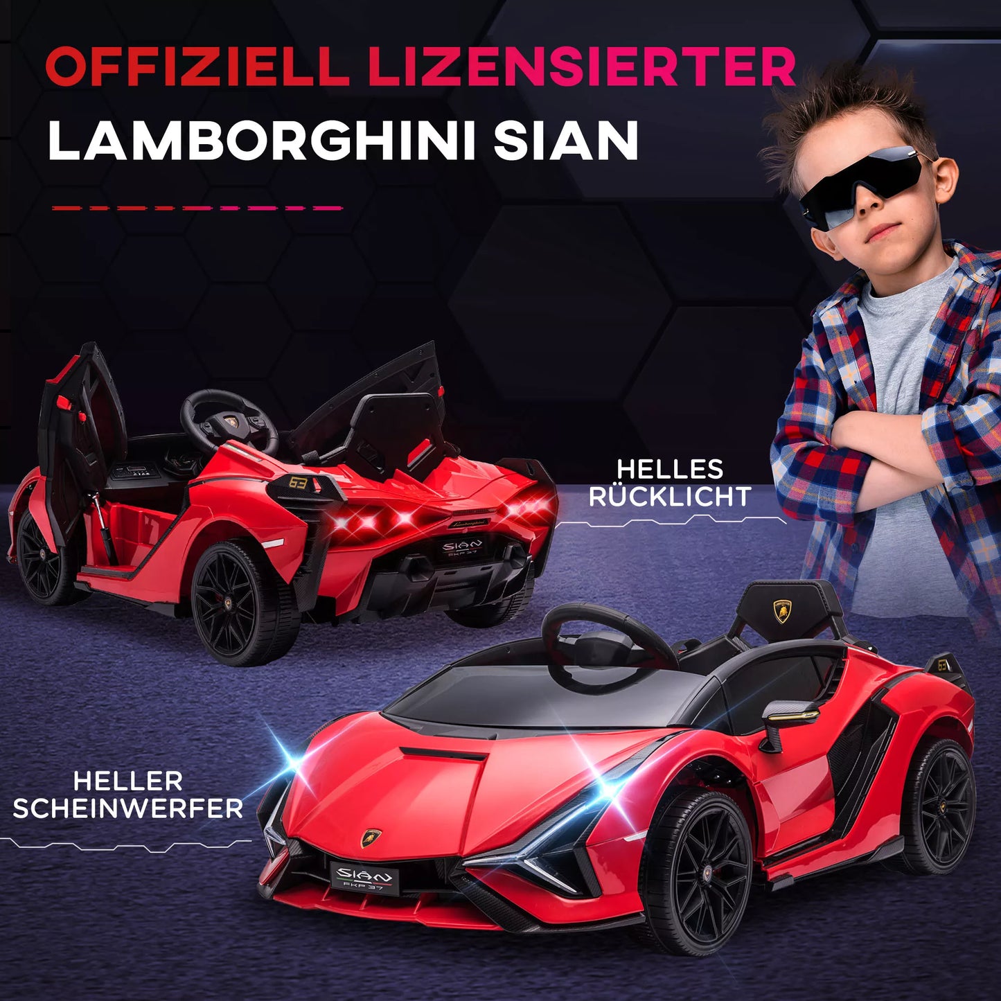 12V vaikiškas elektrinis automobilis Lamborghini SIAN SUV, 2 važiavimo režimai, su nuotolinio valdymo pultu, muzika (MP3/USB), šviesomis, 37-60 mėn., metalo raudonumo, 108 x 62 x 40 cm