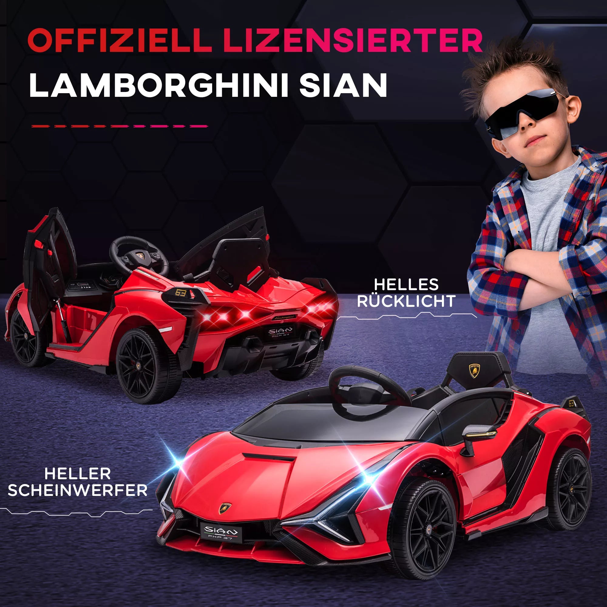 Vaikų transporto priemonė 12 V 2 važiavimo režimai Lamborghini SIAN SUV automobilio žaislas Elektrinis automobilis su nuotolinio valdymo pultu Muzika (MP3/USB) Apšvietimas 37–60 mėnesių Metalo Raudona 108 x 62 x 40 cm