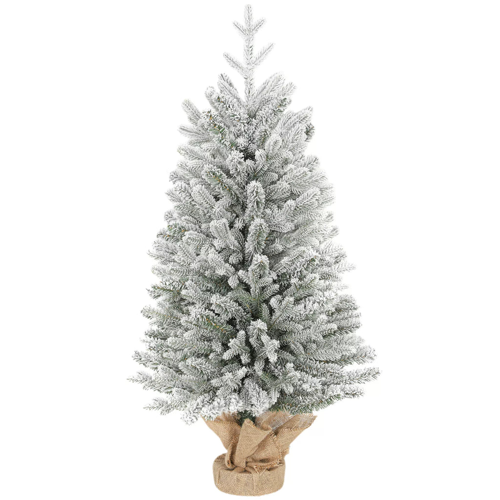 Mini dirbtinė Kalėdų eglutė 90 cm, su sniegu, 486 šakos, cementinis pagrindas, lininis užvalkalas