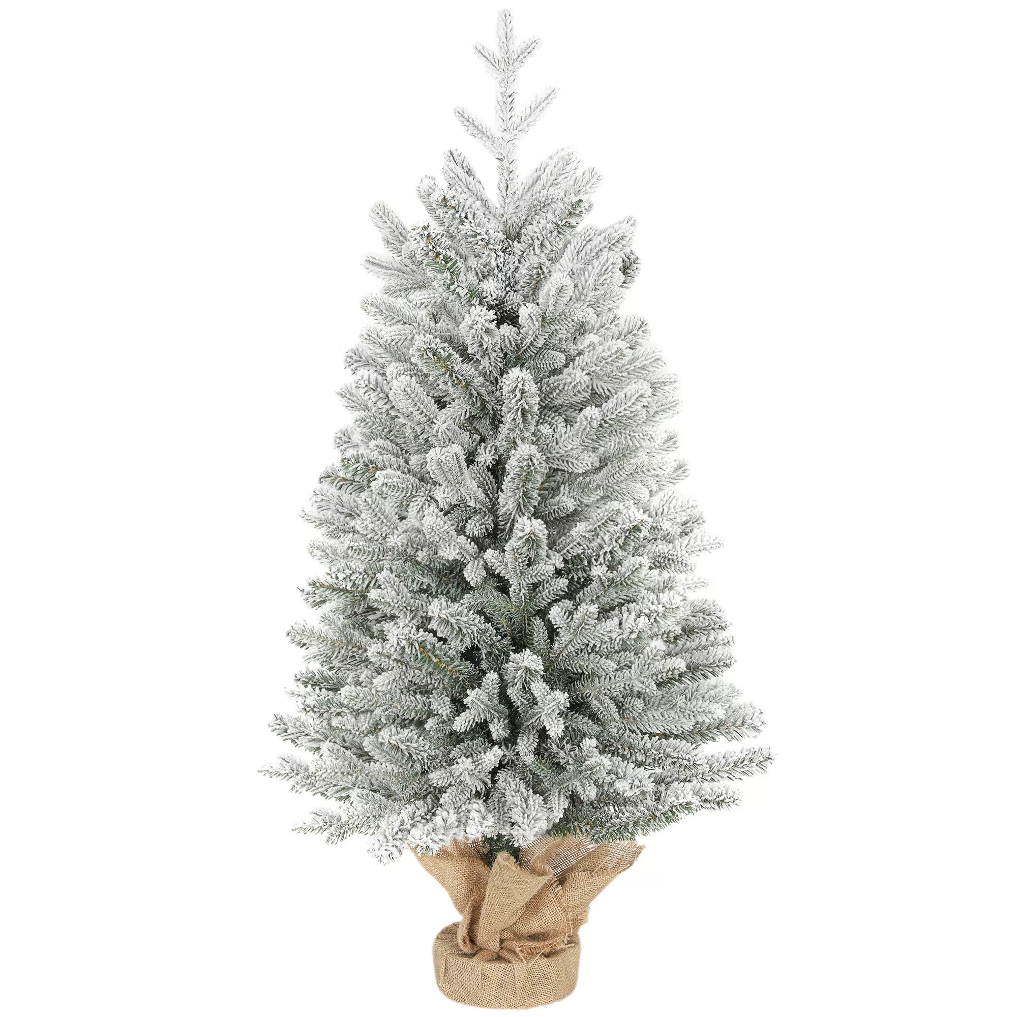 Mini dirbtinė Kalėdų eglutė 90 cm, su sniegu, 486 šakos, cementinis pagrindas, lininis užvalkalas