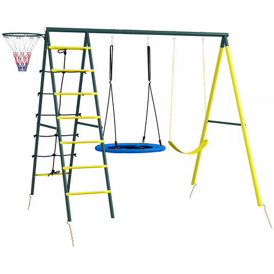 Vaikų sūpynių aikštelė su 2 sūpynėmis, krepšinio lanku, laipiojimo kopėčiomis, 267x180x202 cm, geltona