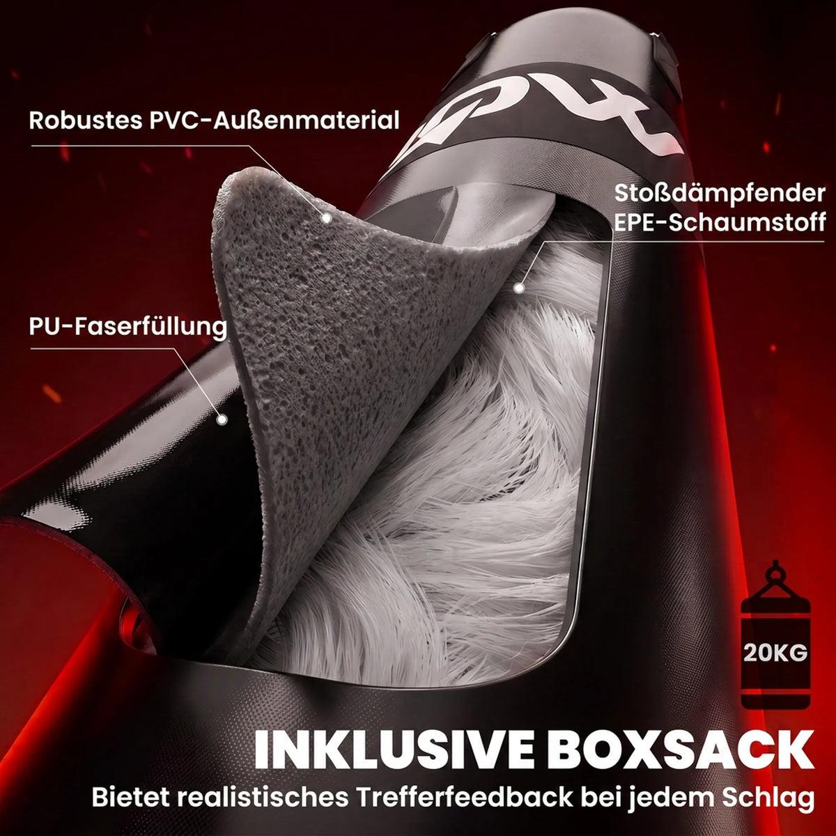 Bokso maišo vidaus sluoksniai: PVC danga, pluošto ir putplasčio užpildas