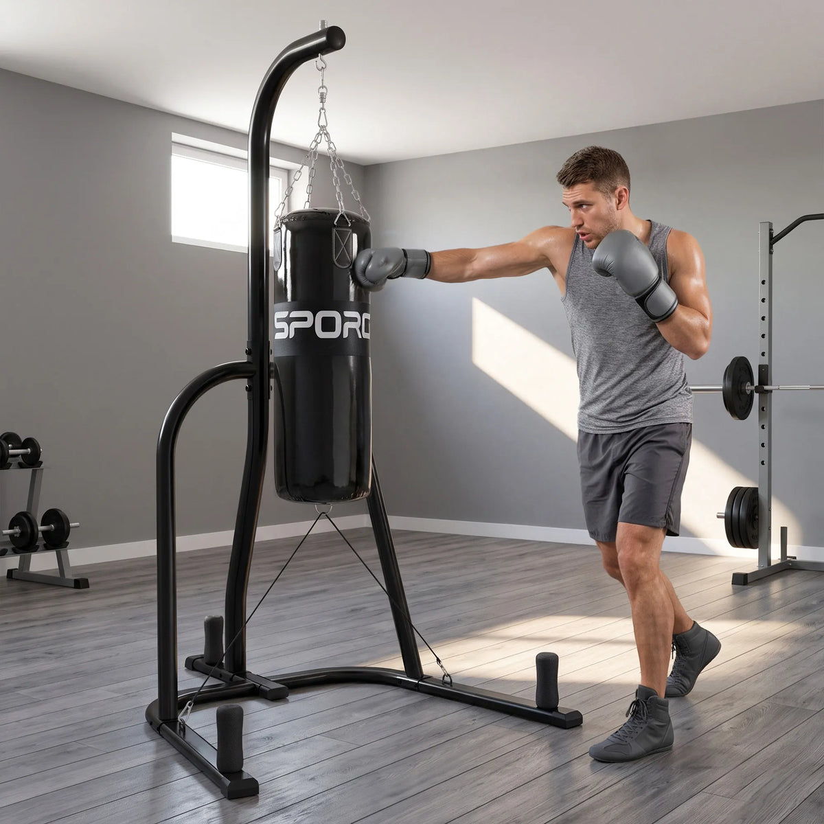 Bokso maišo stovas su 20 kg maišu, 360° grandine, juodas