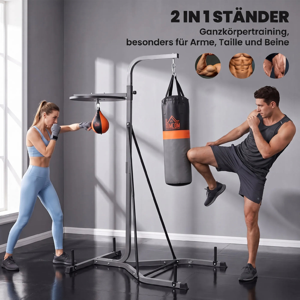 Bokso stovas 2-in-1 su kriauše ir maišu, iki 100 kg, juodas