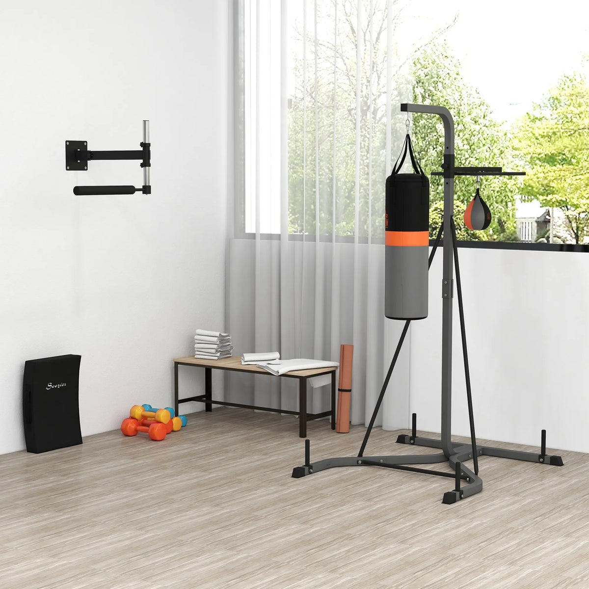 Bokso stovas 2-in-1 su kriauše ir maišu, iki 100 kg, juodas