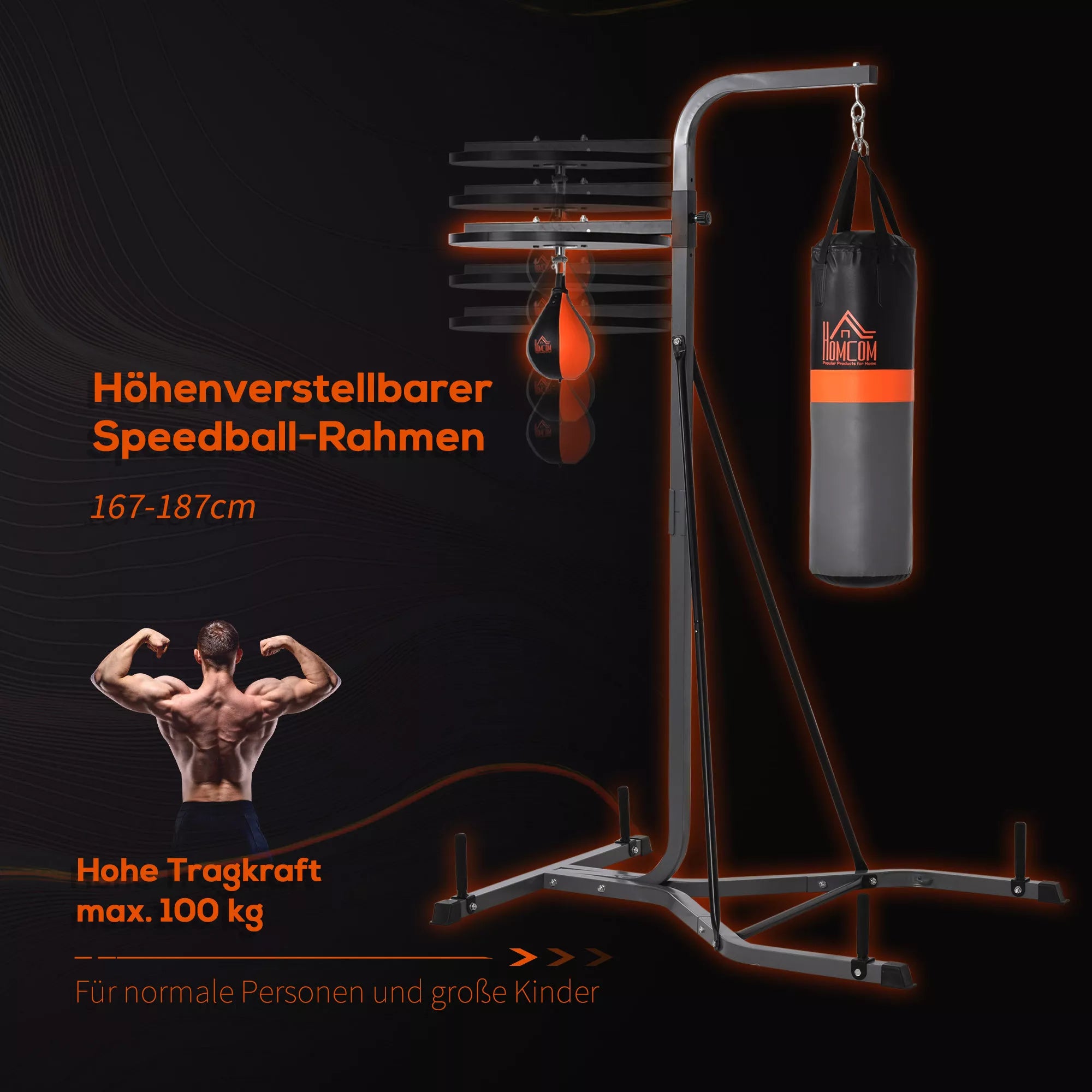 Bokso stovas 2-in-1 su kriauše ir maišu, iki 100 kg, juodas