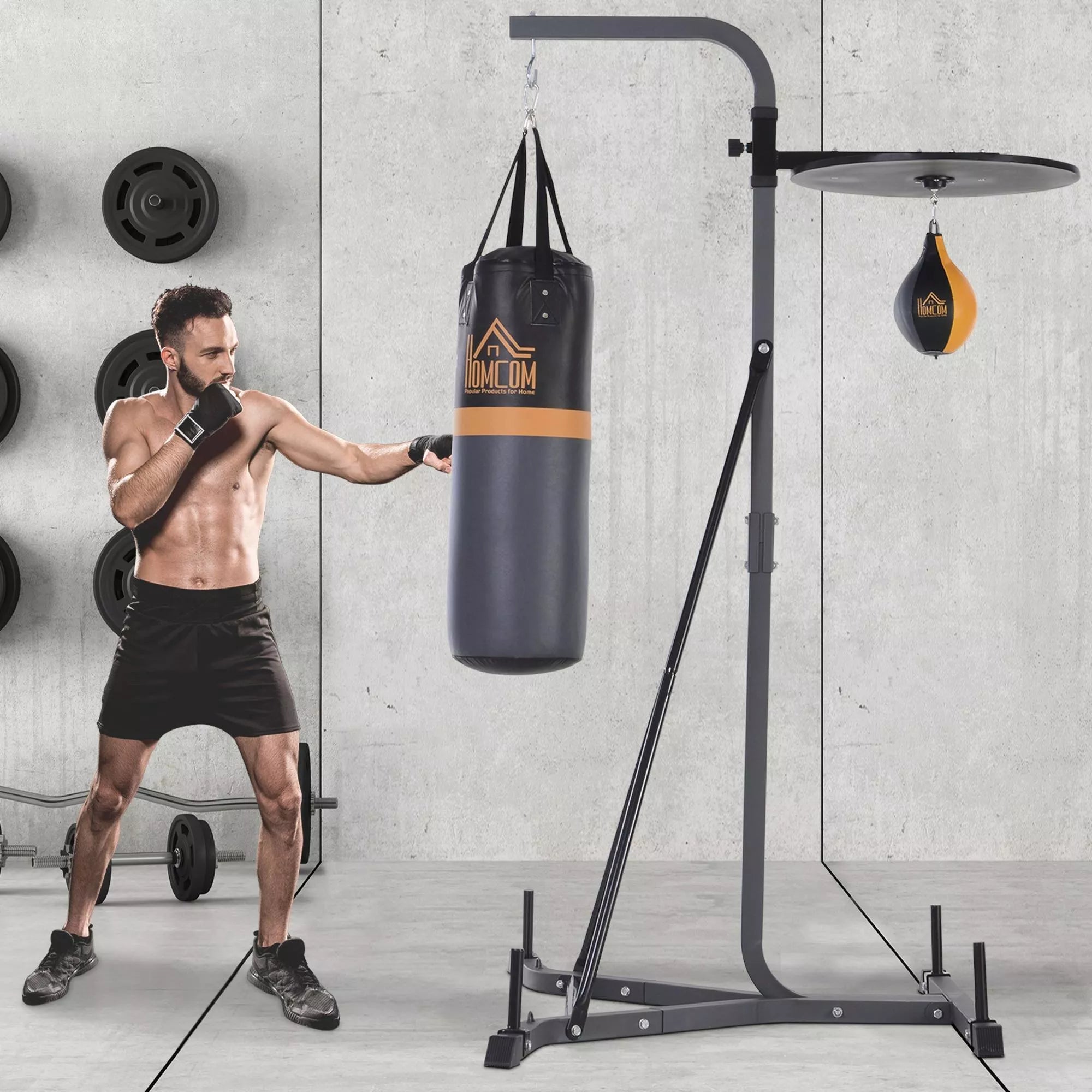 Bokso stovas 2-in-1 su kriauše ir maišu, iki 100 kg, juodas