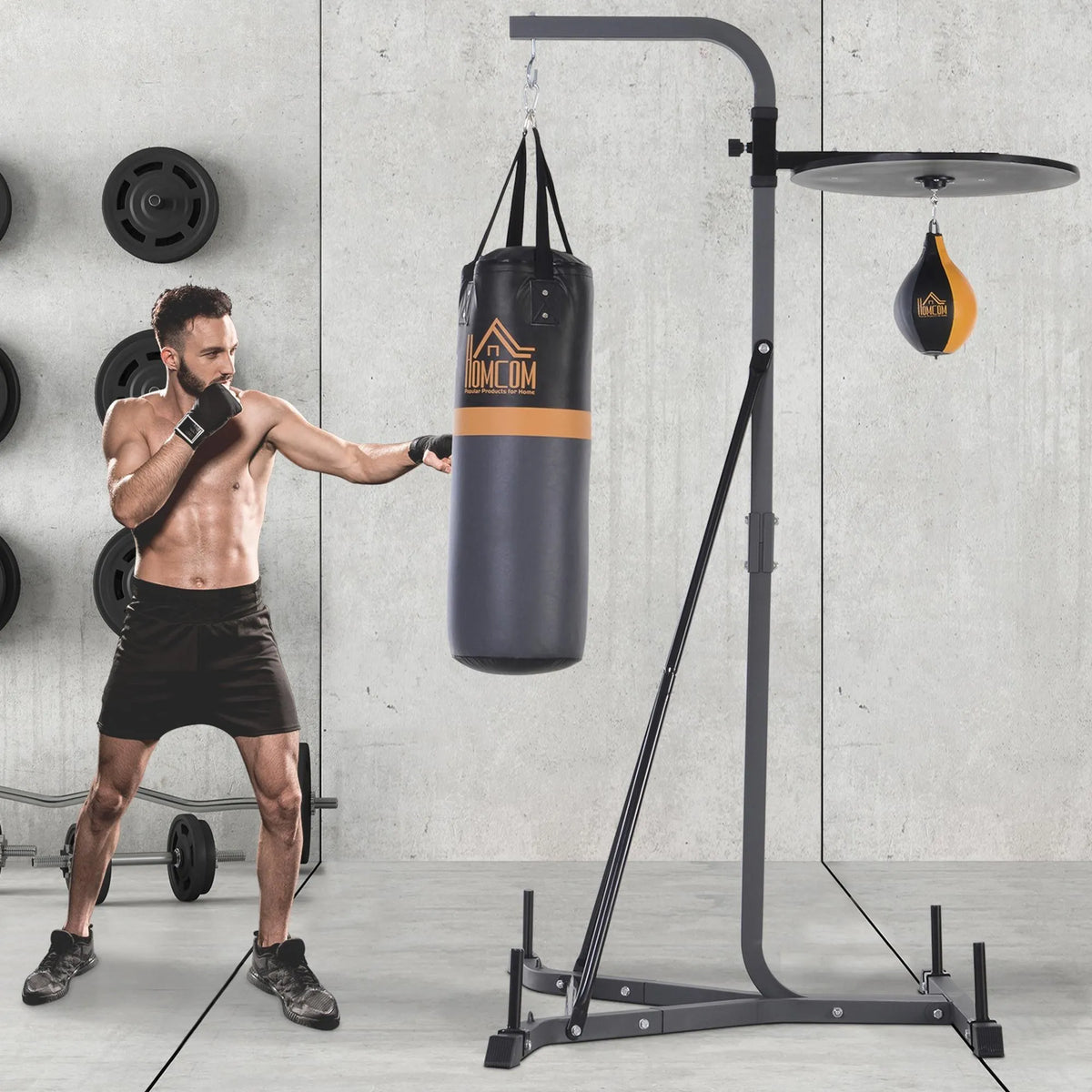 Bokso stovas 2-in-1 su kriauše ir maišu, iki 100 kg, juodas