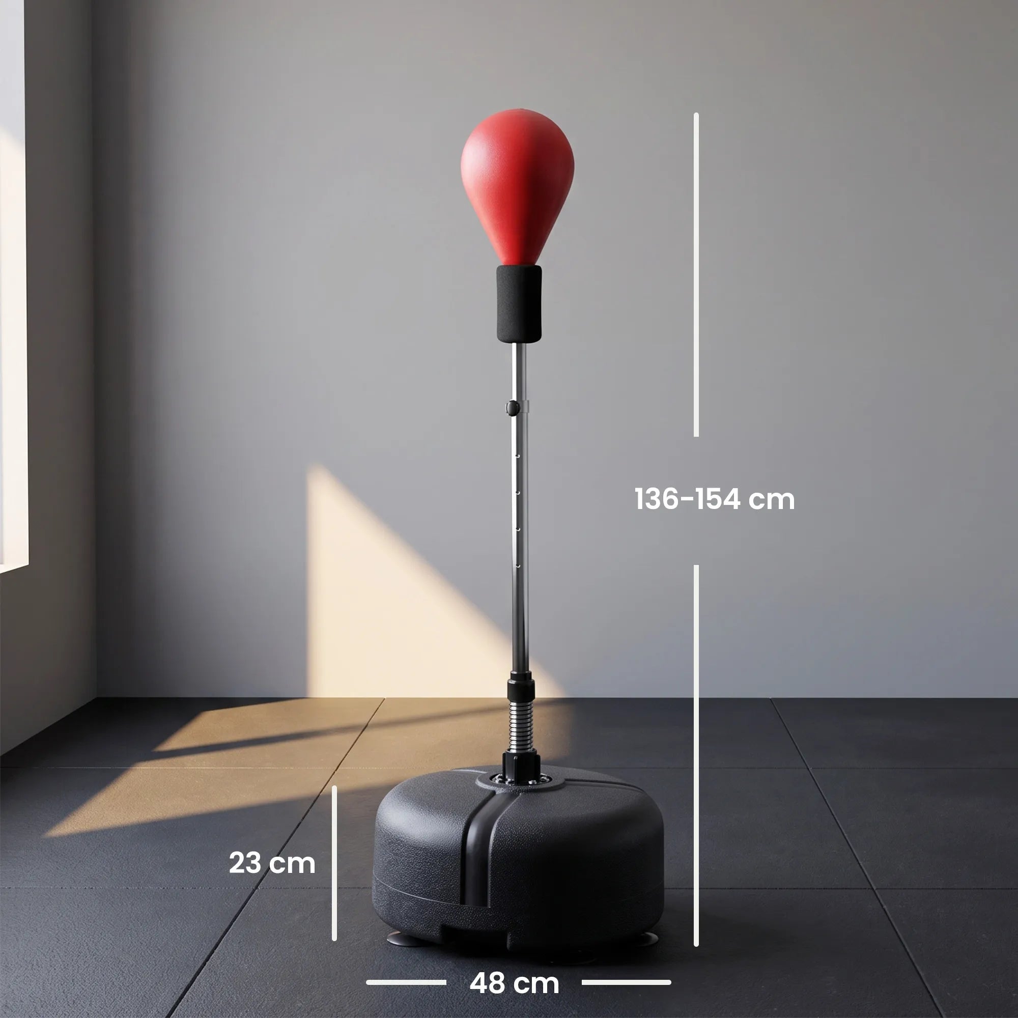 Matmenų schema: stovo aukštis reguliuojamas nuo 136 iki 154 cm, pagrindo aukštis 23 cm, plotis 48 cm.